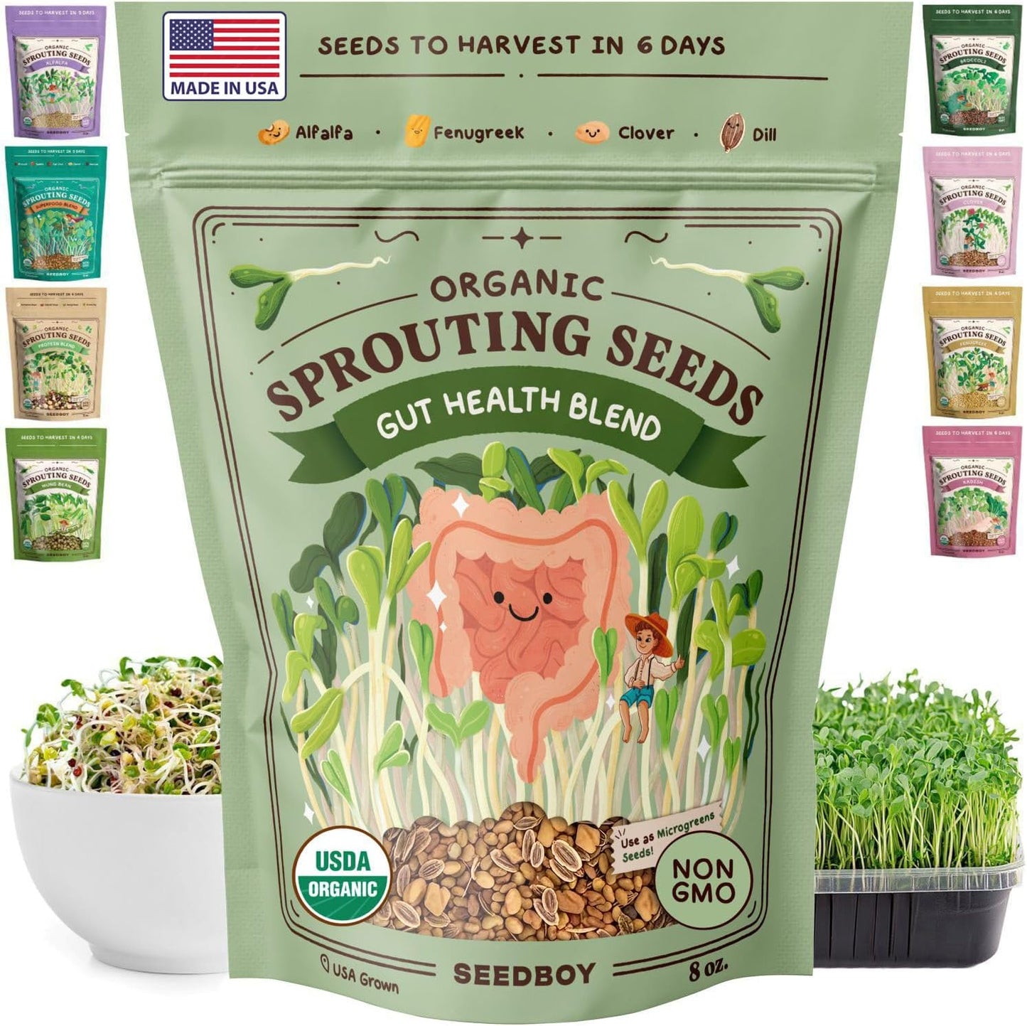 Seedboy Organic Non-GMO Sprouting Seeds, Gut Health Blend – USA Grown Microgreens Mix with Clover, Alfalfa, Fenugreek, Dill – 8 oz Bag Makes 8 Quarts / 24 Servings (Gut Health Blend)