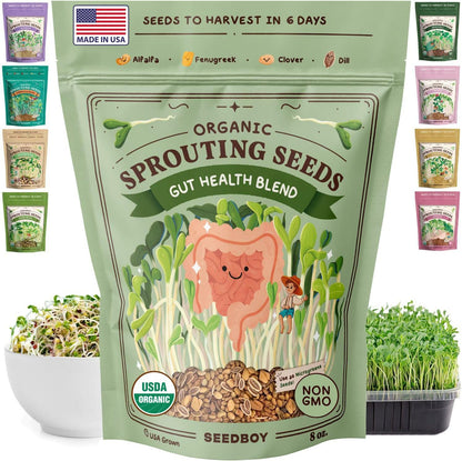 Seedboy Organic Non-GMO Sprouting Seeds, Gut Health Blend – USA Grown Microgreens Mix with Clover, Alfalfa, Fenugreek, Dill – 8 oz Bag Makes 8 Quarts / 24 Servings (Gut Health Blend)