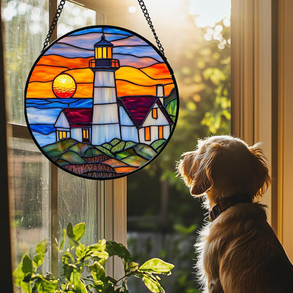 Stained Glass Window Hanging - Sea Lighthouse Suncatcher for Door Terrace Garden Home Decor Sunset Beach Scenery Sun Catcher Birthday Gifts for Lovers Women Men Dad Mom Nana 9.8 in