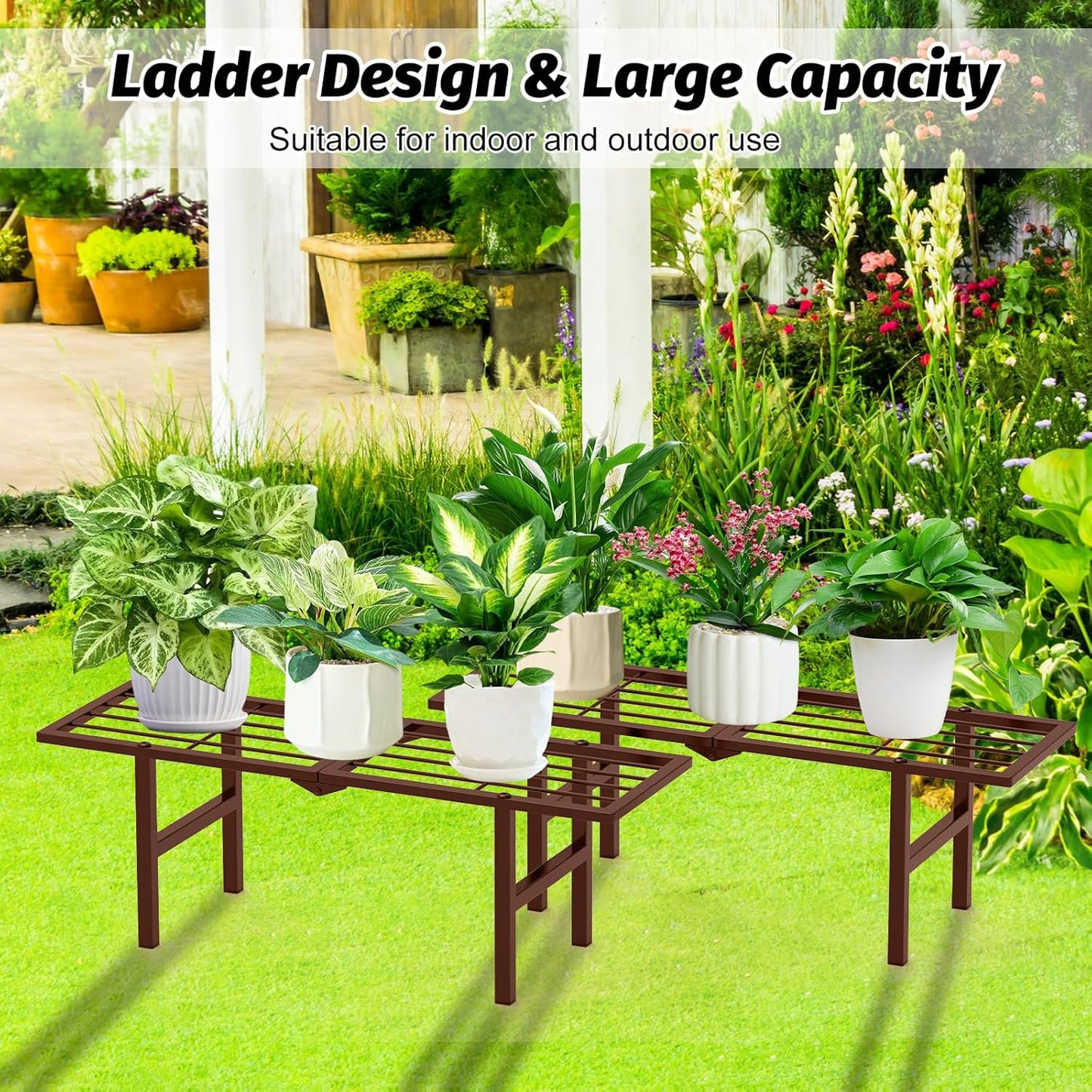 2 Pack Metal Plant Stand Outdoor Indoor, 1 Tier Folding Tiered Corner Flower Display Holder Shelf, Stackable Heavy Duty Multiple Plant Rack for Windowsills Patios Balconies, Brown
