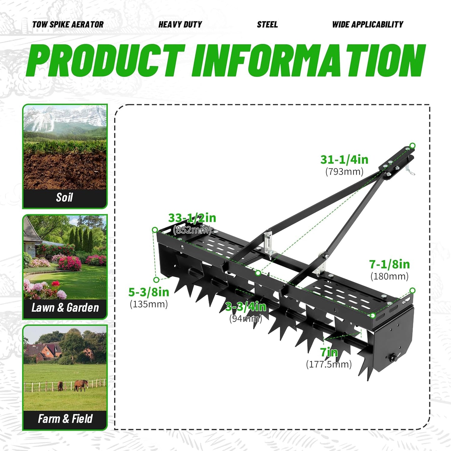 32 in Tow Behind Spike Aerator W/ 8 Spikes, Hitch Pin Attach to Lawn Tractor, Most ZTRs, ATVs Soil Mower Hitch, Lawn Soil Penetrator for Gardens, Lawns, Farms