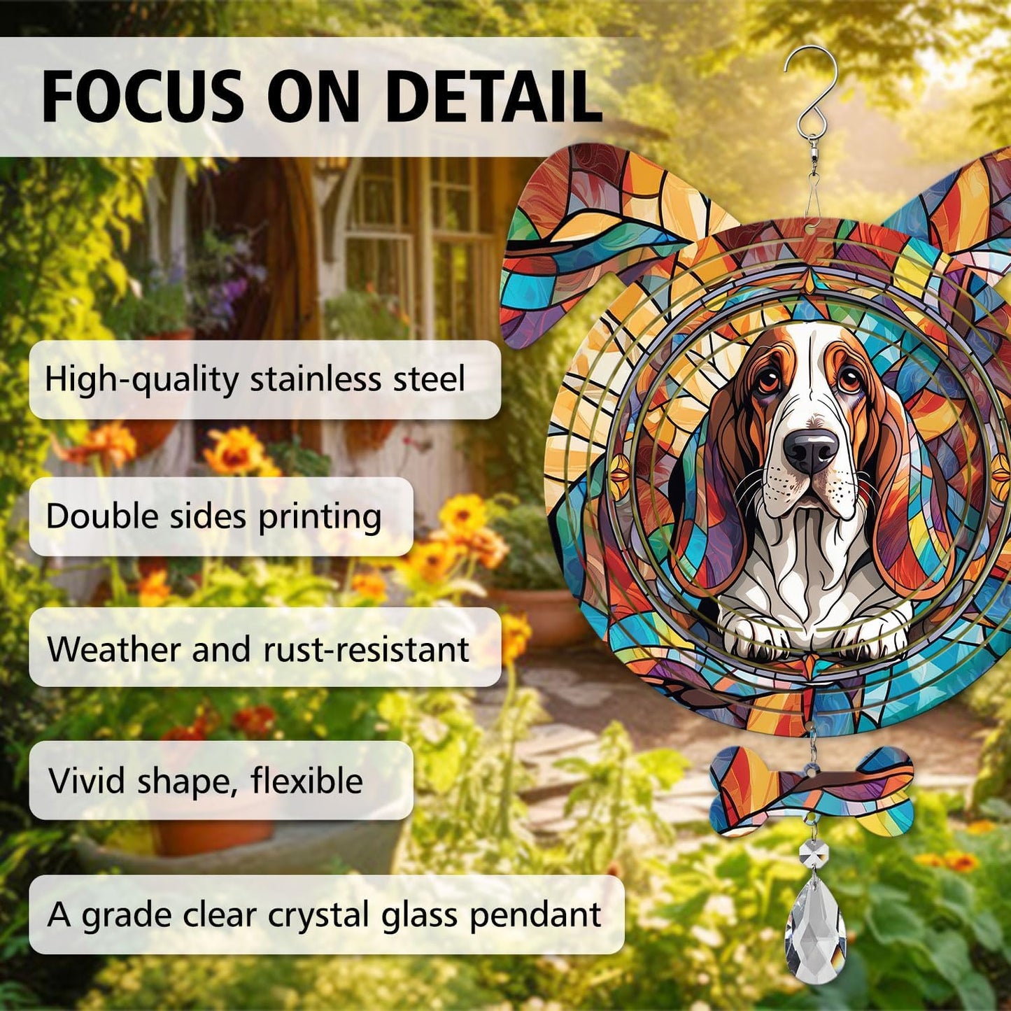 Basset Hound Dog Ears Wind Spinner, Basset Hound Wind Spinner Hanging for Yard and Garden
