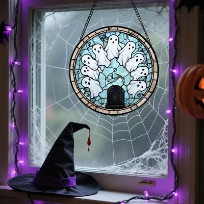 Stained Glass Window Hanging - Halloween Decorations Ghosts Tombstones Suncatcher for Doors Garden Indoor Spooky Funny Sun Catchers Gothic Decor Horror Gifts for Women Men Friend 9.8 in