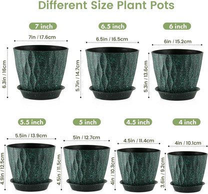 7/6.5/6/5.5/5/4.5/4 inch Plant Pots for Indoor Outdoor Plants, 7 Pack Thick Flower Pots with Drainage Holes and Saucers, Wave Texture Plastic Planters Nursery Pots, Black with Green Speckles