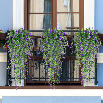 Artificial Hanging Flowers, 3 Pcs Fake Hanging Plants Artificial Vines for Outdoors, Fake Ivy Vine UV Resistant No Fade Faux Plants for Indoor Outside Garden Patio Yard Greenery Decoration (Purple)