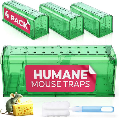 Humane Mouse Trap Pack of 4 - No Kill - Live Mouse Traps Indoor for Home Use - Reusable Rodent Traps for House Indoor, Safe & Effective Rat Trap Outdoor - Humane Mice Control with Cleaning Brush