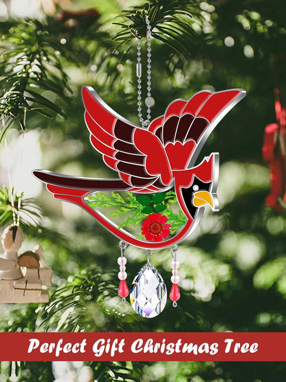 KY&BOSAM Cardinal Suncatcher Mom Gift Glass Had Painted Glass Suncatcher Windows Hanging Ornament Pressed Real Flower and Crystal Charm for Women Mom Birthday Christmas Decor