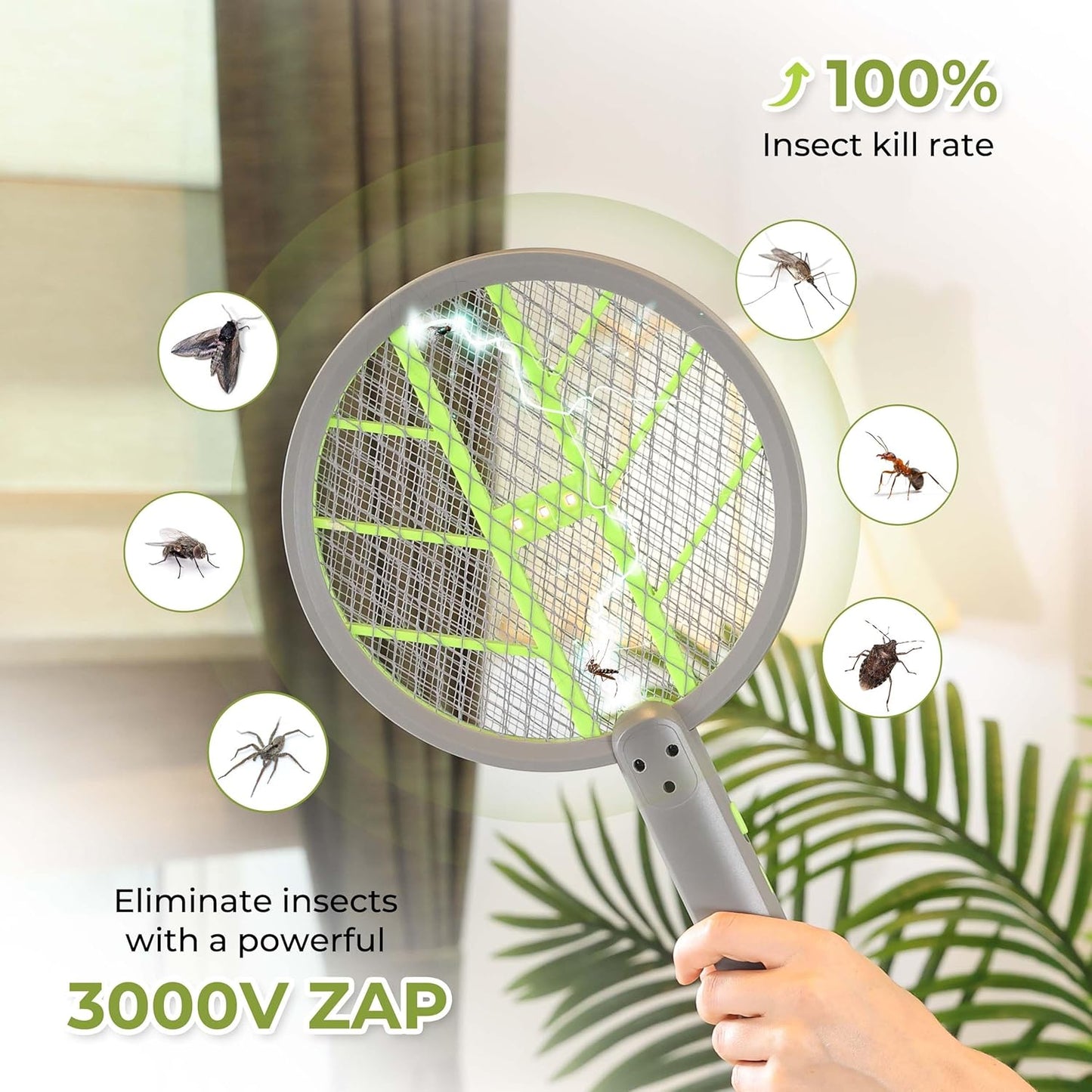 Aspectek 3000V Electric Fly Swatter for Indoor and Outdoor Use, Portable, Rechargeable Bug Zapper Racket with Improved Battery Life, USB Charging Cable, Wall Bracket, White -Green