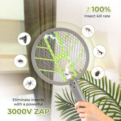 Aspectek 3000V Electric Fly Swatter for Indoor and Outdoor Use, Portable, Rechargeable Bug Zapper Racket with Improved Battery Life, USB Charging Cable, Wall Bracket, White -Green