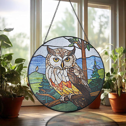 6" Owl Stained Glass Suncatchers Art Glass Owls for Sun Catcher Indoor Window Gifts for Pet Animal Nature Floral Lovers Women Grandma Mom Friend Painted Panel Décor BIRD-07B-SG6