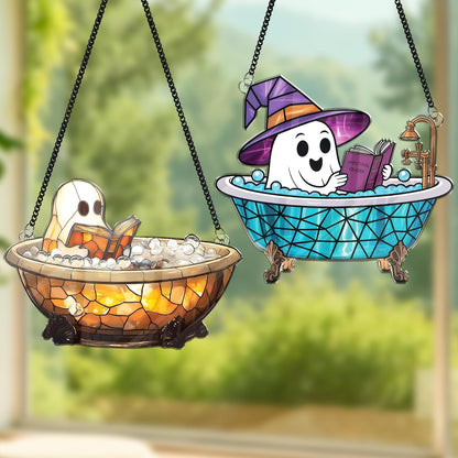 2 Boo Bathtub Acrylic Suncatchers, Gothic Cute Ghost Reading Book Window Hanging Ornaments, Halloween Horror Home Decor Witch Handmade Wall Art, Gift for Women Mom Friends Family