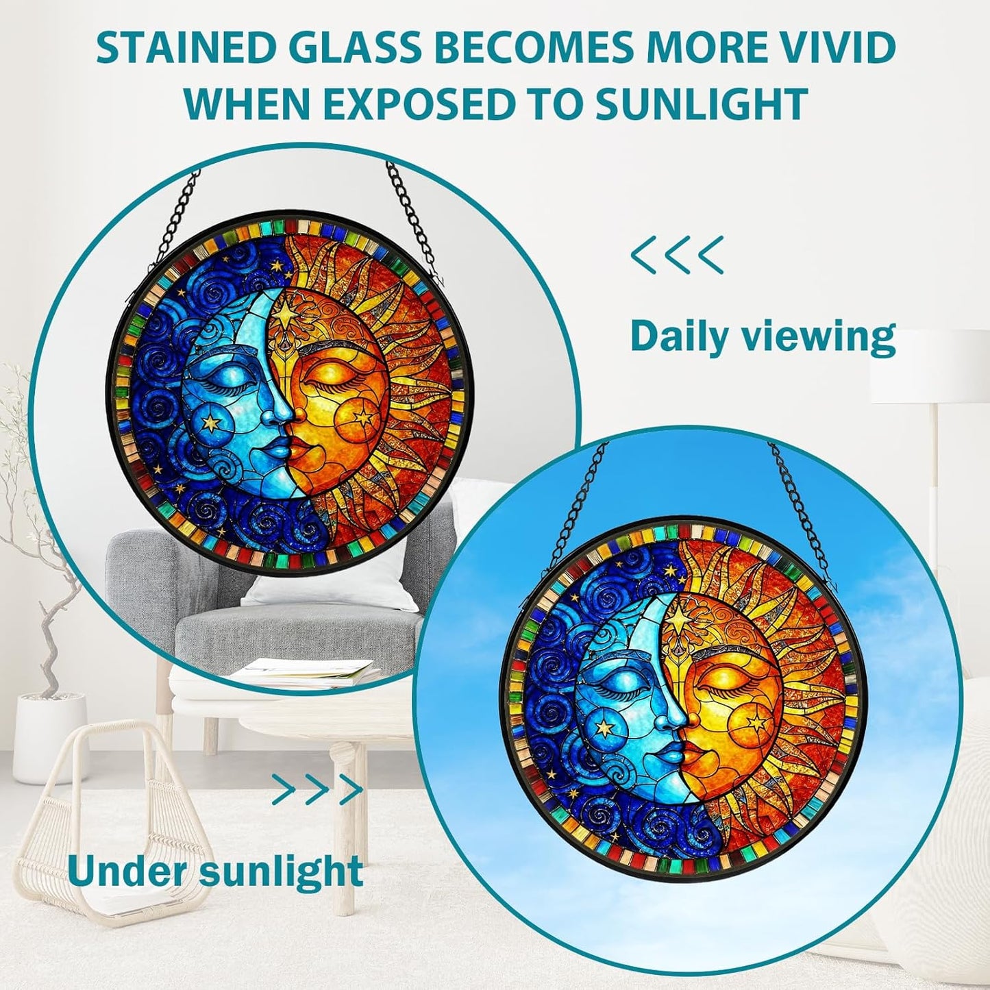 Sun and Moon Stained Glass Window Hanging, Suncatcher for Window Hanging, Moon Sun Catchers Indoor Windows Wall Art for Mom Grandma, Christmas Thanksgiving Gift, for Home Garden Office 7.87 inches
