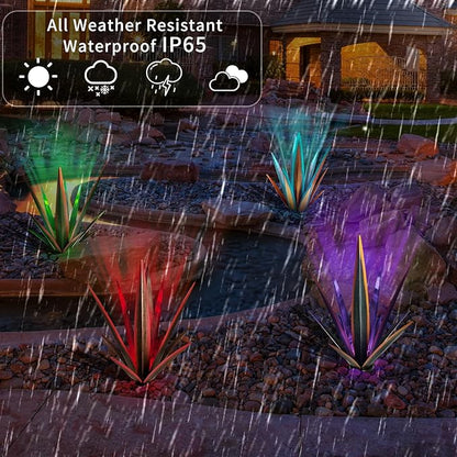 Large Tequila Rustic Sculpture, Rustic Metal Agave Plants for Outdoor Patio Yard, Home Decor Hand Painted Metal Agave Garden Yard Statue, Outdoor Lawn Ornaments (Red - L (W/Solar Light))