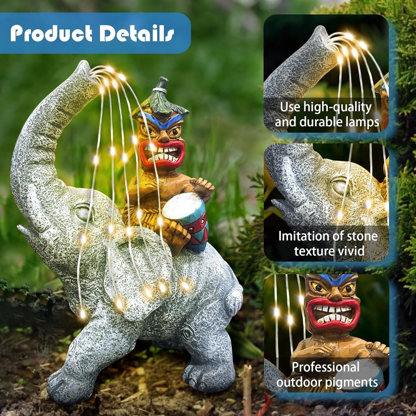 Solar Powered Elephant Tiki Courtyard Light, Outdoor Garden Decoration Elephant Statue,Gifts for Women Mom Grandma Senior Elderr, Garden, Courtyard, Yard, Lawn