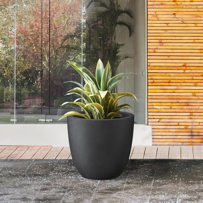 Kante 14 Inch Dia Round Concrete Planter, Indoor Outdoor Large Plant Pot with Drainage Hole and Rubber Plug for Home Patio Garden, Black