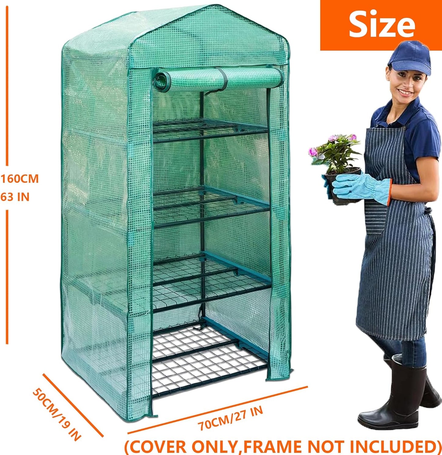 Greenhouse Replacement Cover with Roll-Up Zipper Door PE Plant Gardening Greenhouse Cover for Gardening Plant Frost Protection Wind Rain Proof Greenhouse Cover (Fit for 27×19×63 Inches (Green))