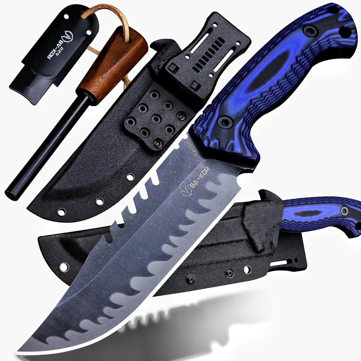 BA-KOR 12.4in Full Tang Fixed Blade Hunting Knife – 6mm 9CR18MoV Steel, G10 Handle, Stonewashed Sawback Blade with Kydex Sheath & Fire Starter for Outdoor, Camping, Survival (Blue and black stripes)