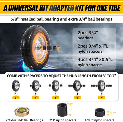MZREXN 14.5" Wheelbarrow Tire Flat-Free 3.00/3.25/3.50/4.00-8" Solid Tire and Wheel with 3"-7" Centered Hub, 3/4" & 5/8" Bearings Replacement for Hand Truck/Dolly/Utility Cart/Garden Cart 1PCS Silver