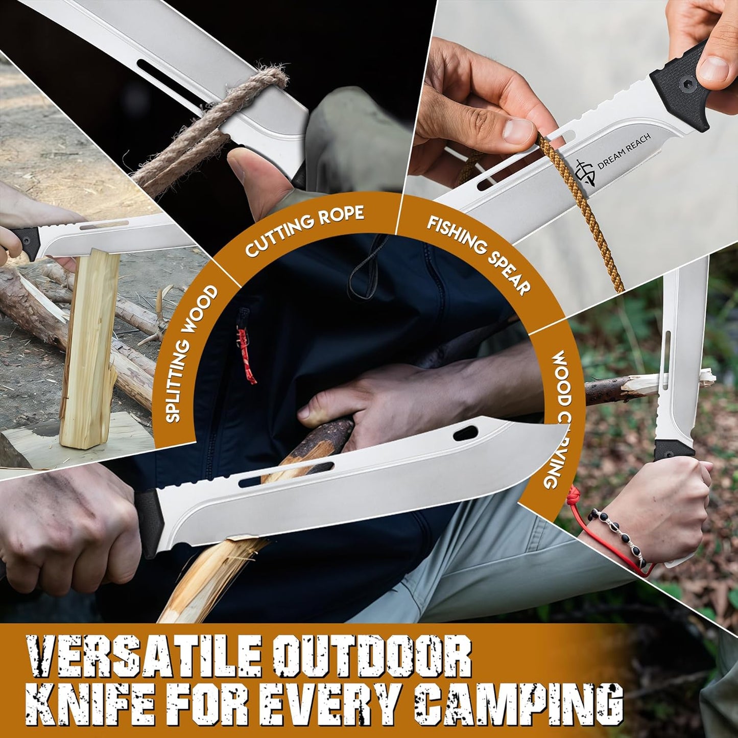 Dream Reach Heavy Duty Machete - Portable Full Tang Outdoor Knife with Sheath Strap for Camping Hiking Gift for Men 9.6 Inches