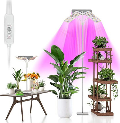 KINGPLUS Grow Lights with Stand, Three Heads, Full Spectrum LED Grow Light for Indoor Plants, 360 Leds, 4 Dimmable Levels, Timer 4/8/12h, 12-60inches Height Adjustable, 48w, Ideal for Desk Small Plant