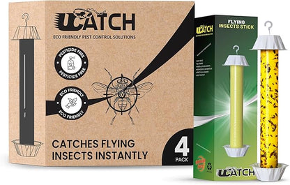 Sticky Fly Trap Indoor & Outdoor | Hanging Fly Stick for Gnats, Flies, Wasps, Mosquitoes & Other Flying Bugs | Sticky Bug Traps | Home Pest Control | Flying Insect Trap Rolls - 4-Pack | Ucatch
