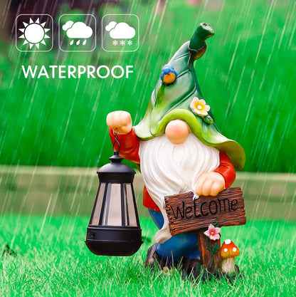 Garden Gnome Statue, Resin Figurine with Bright Solar Lantern Lights and Welcome Sign, Outdoor Solar Illumination Decorations for Indoor Patio Lawn Garden Room,Birthday Housewarming Gift