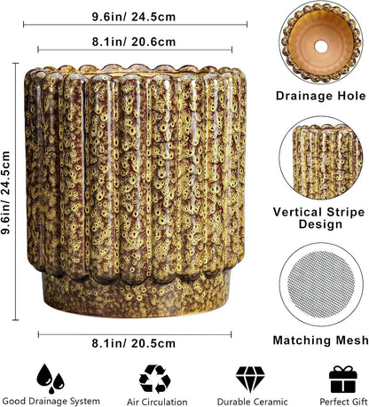 Ceramic Pots for Plants - 9.6 Inch Ceramic Planters for Indoor Plants, Round Flower Pots with Drainage Hole, Fluted Large Planter Outdoor, Patio Decor, Garden Gifts, Yellow