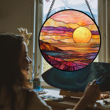Stained Glass Window Hanging, Sparkling Sea Suncatcher Diamond Glass Panel Hangings Scenery Sun Catchers Decor for Birthday for Women, Men, Wife, Aunt, and Mom 7.8 in