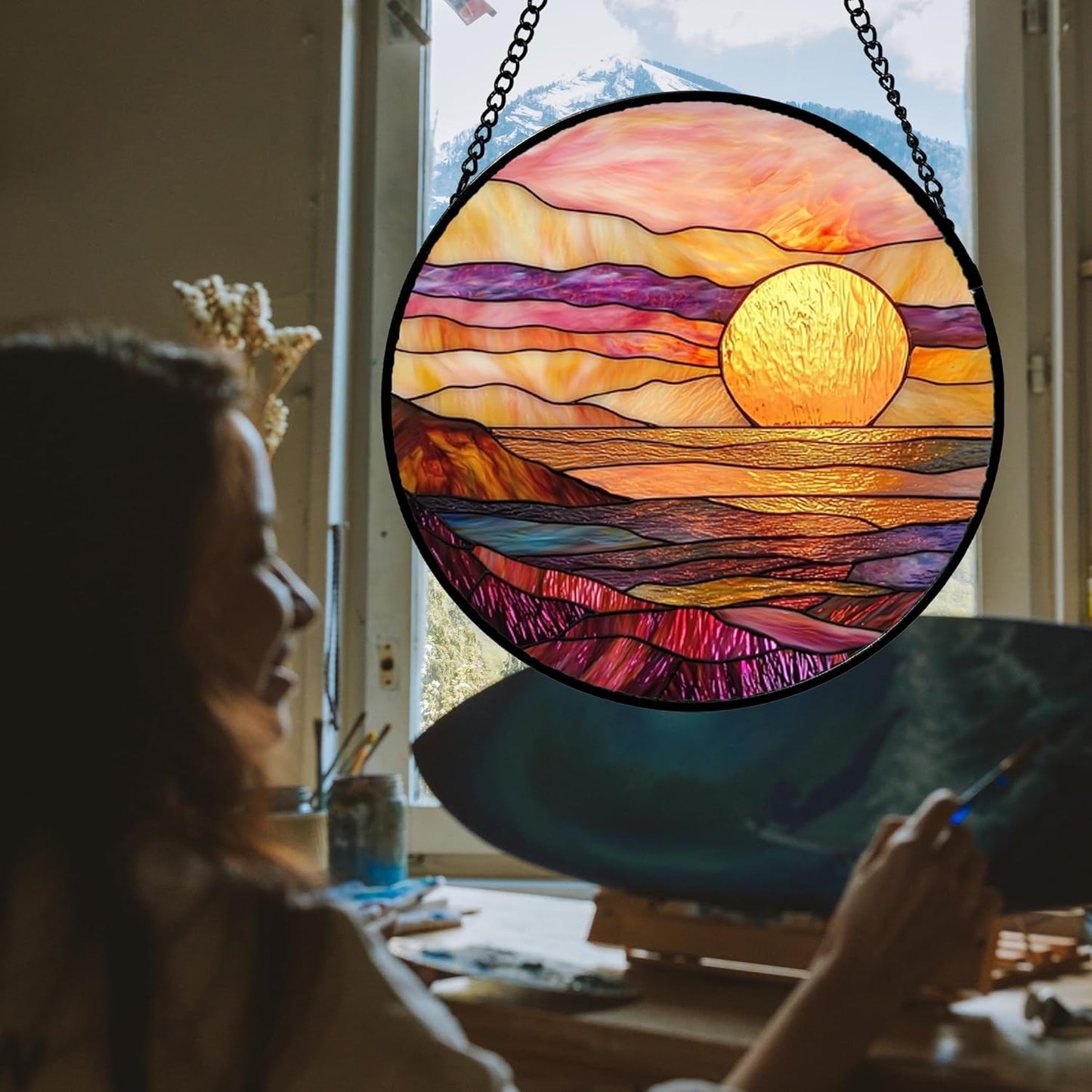 Stained Glass Window Hanging, Sparkling Sea Suncatcher Diamond Glass Panel Hangings Scenery Sun Catchers Decor for Birthday for Women, Men, Wife, Aunt, and Mom 11.8 in