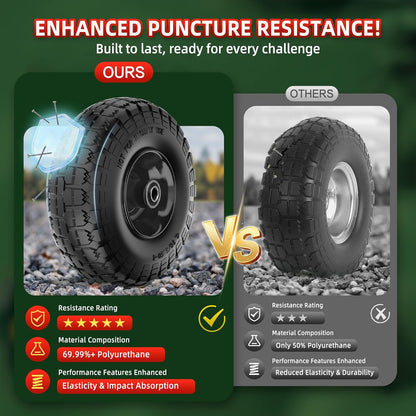 4.10/3.50-4 Tire and Wheel Flat Free,10-Inch Solid Wheel Replacement with 5/8 Bearings,2.2" Offset Hub -Compatible with Hand Truck,Wheelbarrow,Dolly(Black)
