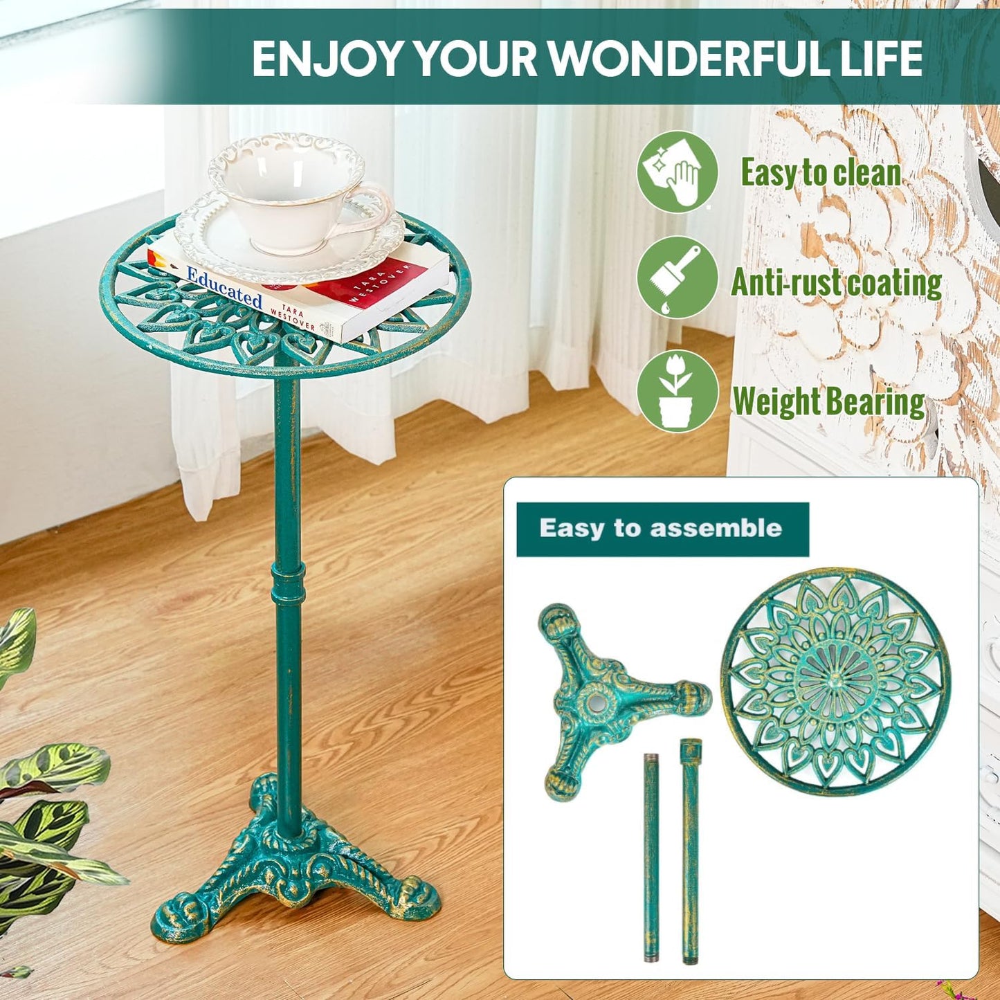 Sungmor Heavy Duty Cast Iron Potted Plant Stand, 24.2" Tall Metal Plant Stand, Vintage & Rustic Style Flower Stand Indoor Outdoor Garden Table, Decorative Flower Pot Holder for Balcony Patio