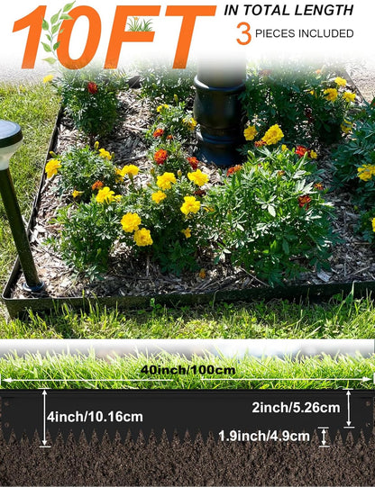 Vinci Landscape Edging Border, 40" L x 4" H 3Pack 10FT Total Black Galvanized Steel Garden Edging with Spikes, Sturdy Elegant Metal Lawn Broder for Flower Beds, Pathways, Paver Edges and Yard