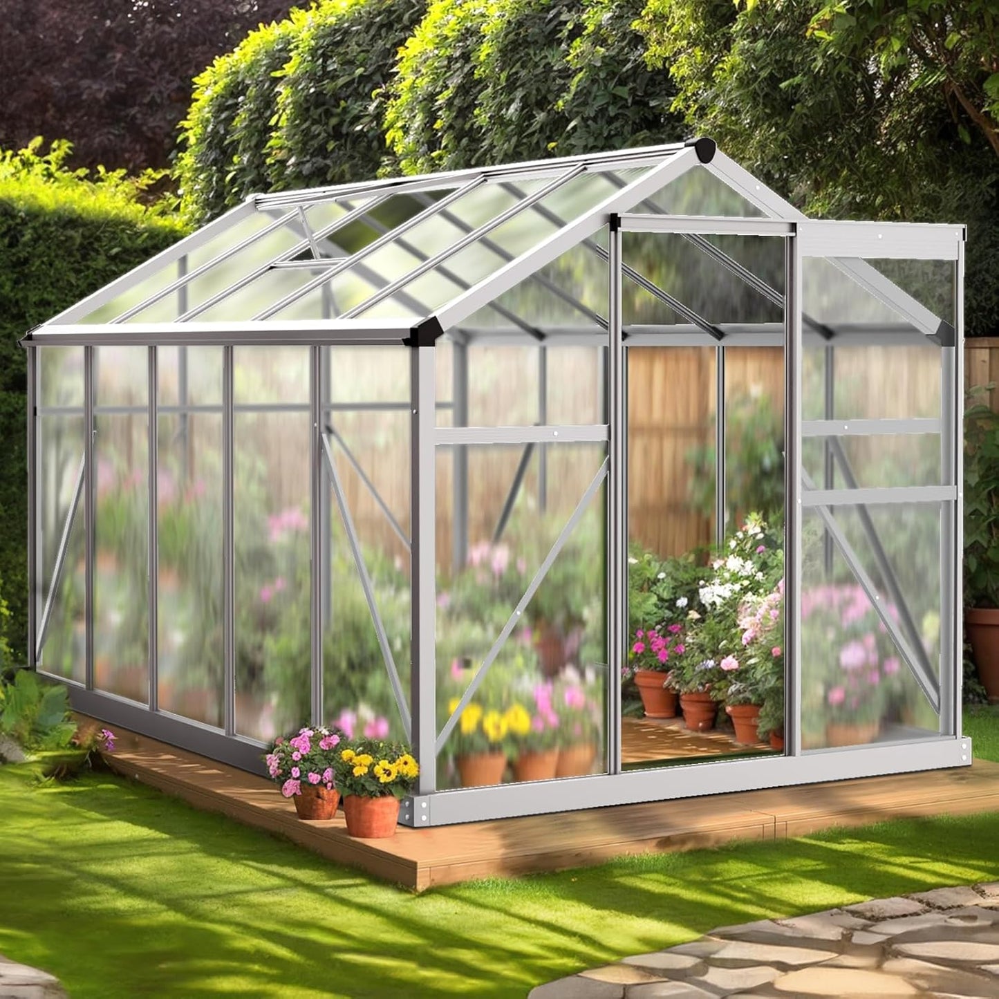 VINGLI 6x10FT Heavy Duty Polycarbonate Greenhouse with 5 Roof Vents, Aluminum Sliding Door, Silver