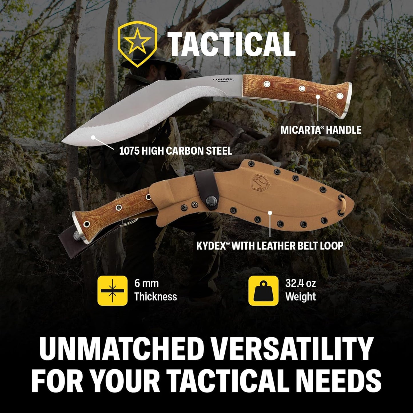 Condor Tool & Knife K-tact Kukri Knife Desert | Gardening Machete | Micarta Handle | Kydex with Leather Belt Loop Sheath | Convex Grind | 6mm Thick | 10in Blade | 32.4oz