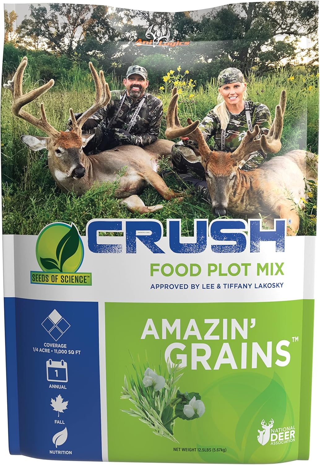 ANI-Logics Crush Amazin Grains - Fast-Growing Fall Deer Food Plot Seed - Multi-Species Forage, Cold-Hardy and Shade/Low-pH Tolerant for Reliable Draw - 12.5 lb