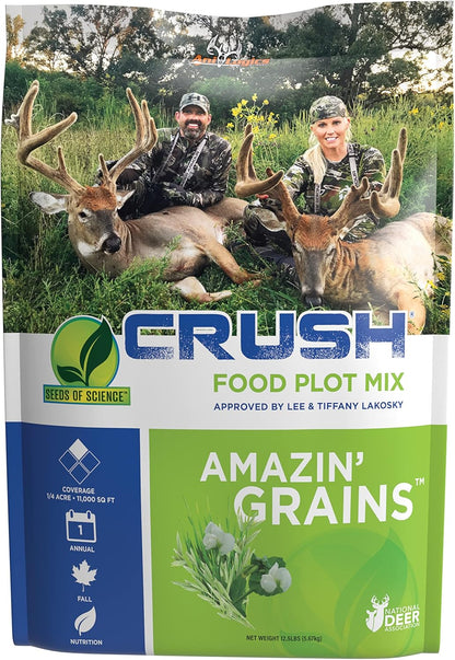 ANI-Logics Crush Amazin Grains - Fast-Growing Fall Deer Food Plot Seed - Multi-Species Forage, Cold-Hardy and Shade/Low-pH Tolerant for Reliable Draw - 12.5 lb