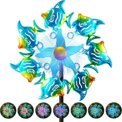 Solar Wind Spinners Outdoor, 51" Waterproof Metal Stake Tropical Fish Sculpture with 7 Color LED Lights 360° Rotating Kinetic Solar Windmill for Yard Garden Lawn Patio Decor