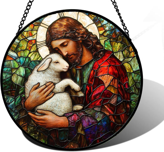 Stained Glass Window Hanging, Jesus Little Lamb Sun Catchers Colorful Glass Panel Christianity