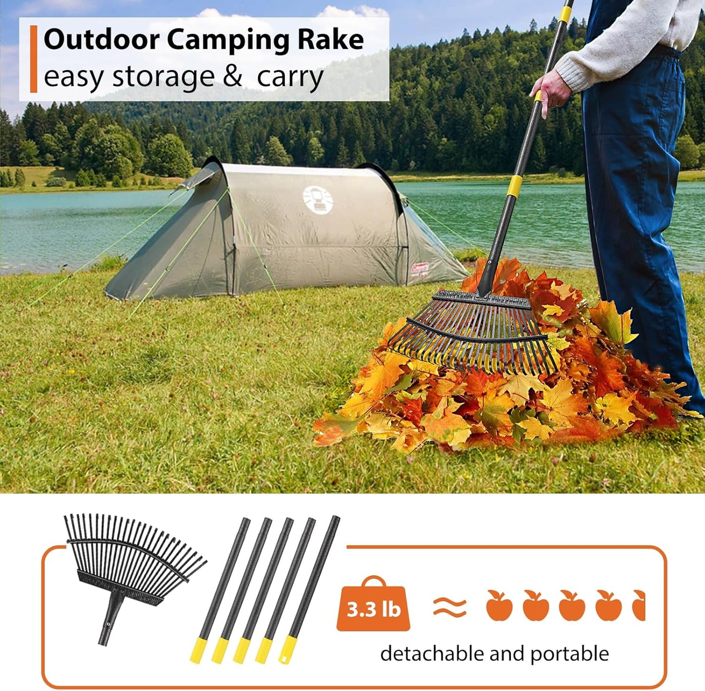 Rake, Gardening Rakes for Leaves Lawns Heavy Duty, 79 in Leaf Rake with 25 Clog-Free Tines, 18.5” Wide Large Head, Metal Garden Tools for Yard Quick Cleanup Garss, Debris, Detachable for Camping