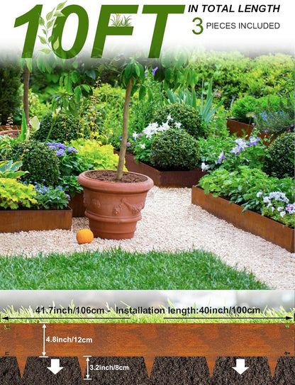 Landscape Edging Border, 40" L x 8" H 3Pack 10FT Total Rusted Corten Steel Garden Edging,Easy Installation,Sturdy Elegant Metal Lawn Broder for Flower Beds, Pathways, Paver Edges and Yard