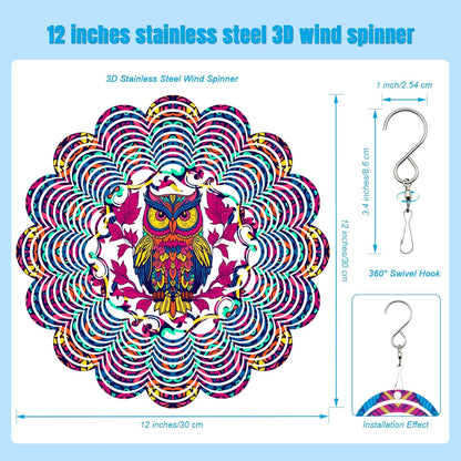 Wind Spinners Outdoor, Owl Metal 3D Hanging Garden Decor, 12-inch Stainless Steel Wind Spinner with Tail Spinner, Wind Sculptures for Patio Lawn Yard, Ornament Gift for Women/Men