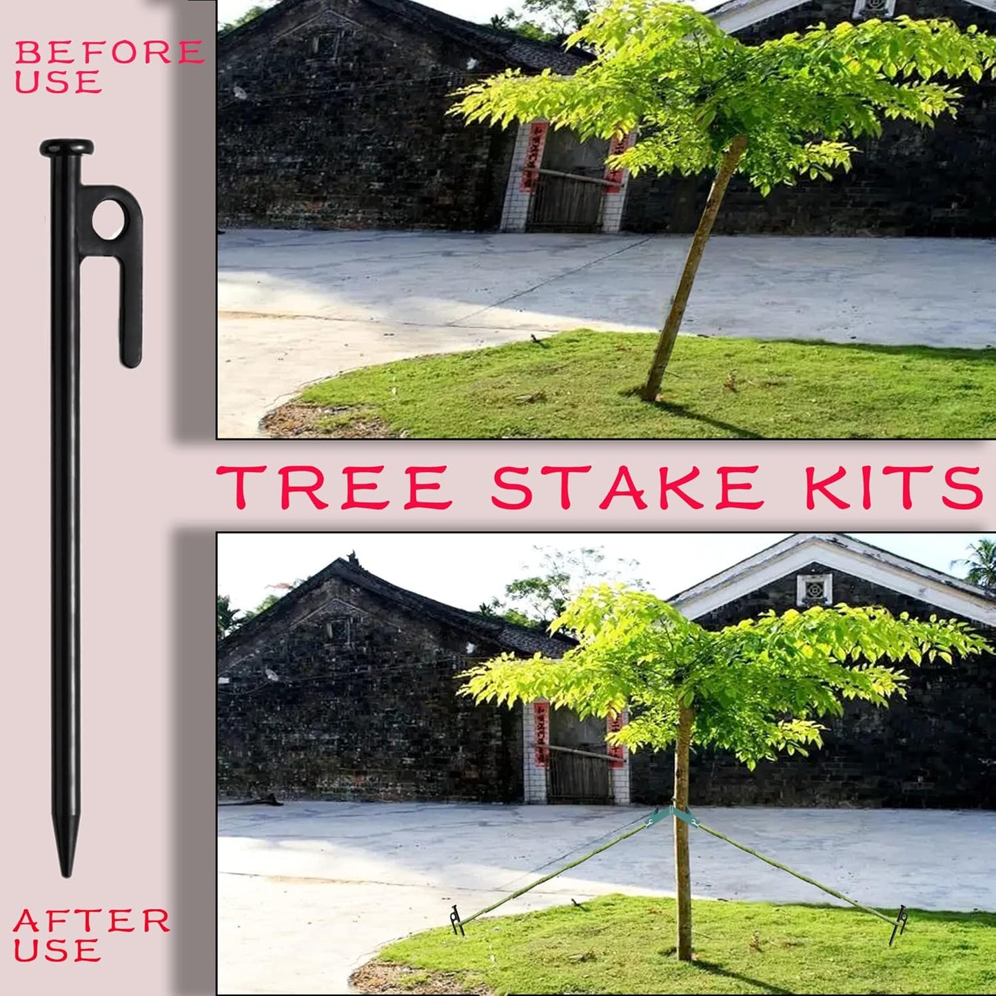 Tree Stake Kits, Tree Stakes and Supports Kits for Hurricane Protection & Bad Weather, Include 3 PCS 11.8" Heavy Duty Steel Tree Stakes, 3 PCS 15.8" Tree Straps and 50 FT Rope