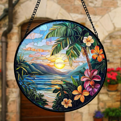 Stained Glass Window Hanging, Colorful Landscape Suncatcher for Doors Home Sun Catchers Decoration and Christmas, Mother's Day Birthday Gifts for Women, Men, and Mom 9.8 in