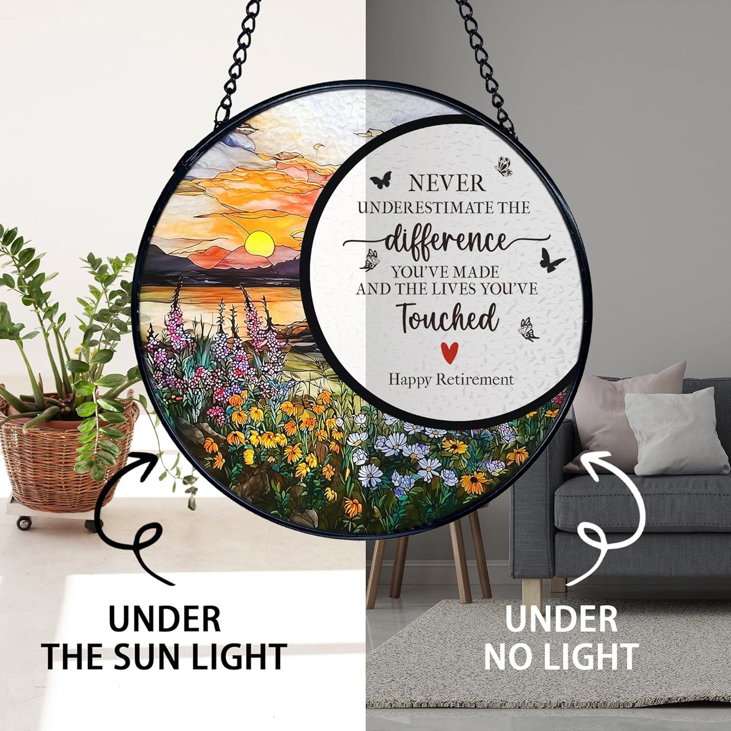 TNUW Retirement Gifts Flower Stained Glass Window Hanging, Difference Maker Gift Sun Catchers Indoor Window Glass Round Wall Art Decor, Retired Gifts for Woman Wall Hanging Decorations, 7.9＂x7.9＂