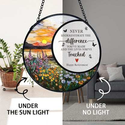 TNUW Retirement Gifts Flower Stained Glass Window Hanging, Difference Maker Gift Sun Catchers Indoor Window Glass Round Wall Art Decor, Retired Gifts for Woman Wall Hanging Decorations, 7.9＂x7.9＂