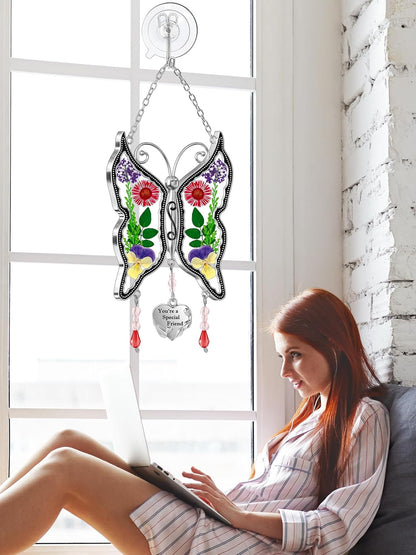 KY&BOSAM Butterfly Suncatcher You`re a Special Friend Stained Glass Sun Catcher for Windows Hangings Wind Chime Birthday Gifts for Women Mother`s Day Valentine's Day Thanksgiving Christmas