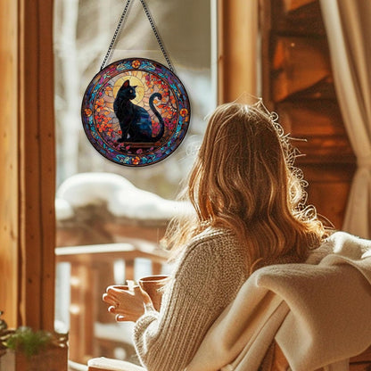Black Cat Halloween Suncatcher Stained Glass Window Hanging, Gothic Black Cat Flower Sun Catchers Indoor Window Glass Round Wall Decor, Halloween Wall Art Hanging Decorations, ＂7.8x7.8＂