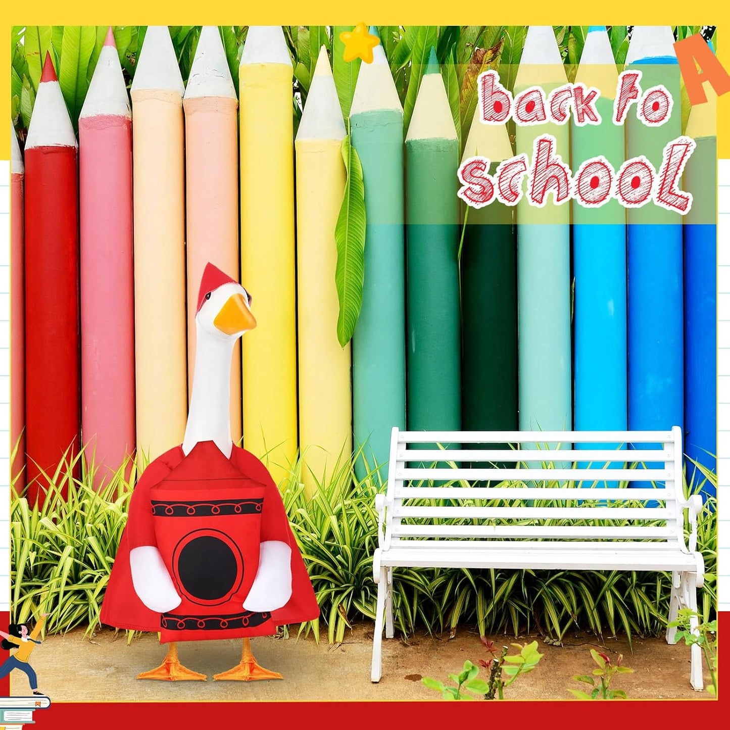 2 Pcs Porch Goose Outfit Halloween Geese Crayon Bus Teacher Cosplay Clothes for 23" Lawn Cement Goose Halloween Garden Patio Yard Outdoor Decorations(Large Crayons)