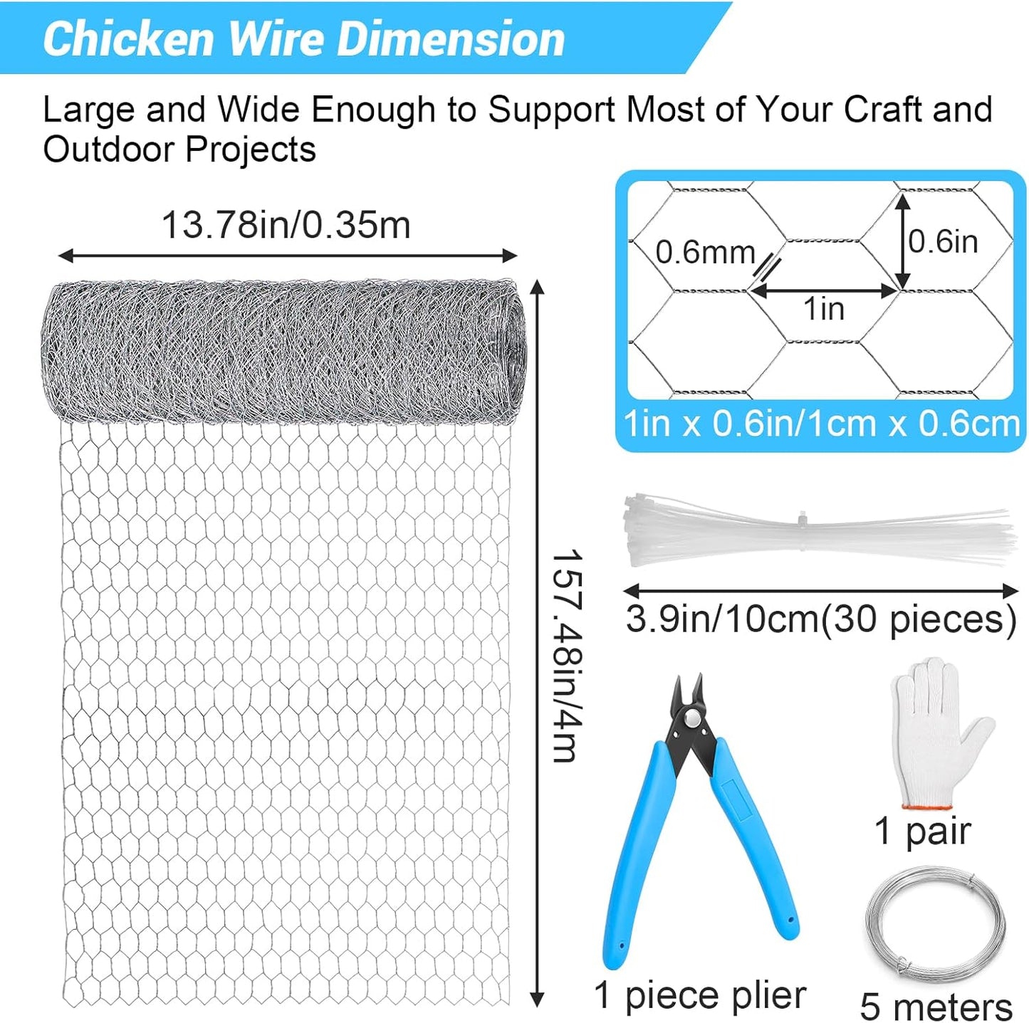 Chicken Wire Mesh 13.7 in x 157 in Silver Floral Chicken Wire Poultry Netting Hexagonal Galvanized PVC Coated Wire Mesh for Floral Arrangements Craft with 30 Zip Ties, Glove and Wire Cutting Pliers