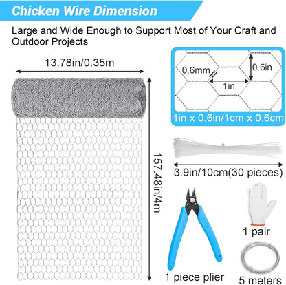 Chicken Wire Mesh 13.7 in x 157 in Silver Floral Chicken Wire Poultry Netting Hexagonal Galvanized PVC Coated Wire Mesh for Floral Arrangements Craft with 30 Zip Ties, Glove and Wire Cutting Pliers
